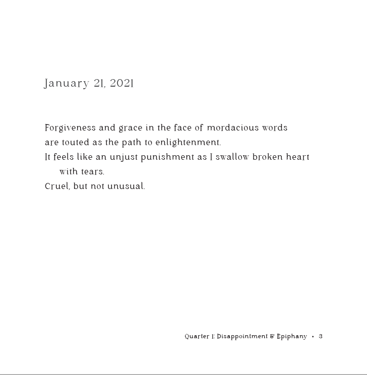 Poem sample2: Forgiveness and grace in the face of mordacious words are touted as the path to enlightenment. It feels like an unjust punishment as I swallow broken heart with tears. Cruel, but not unusual.